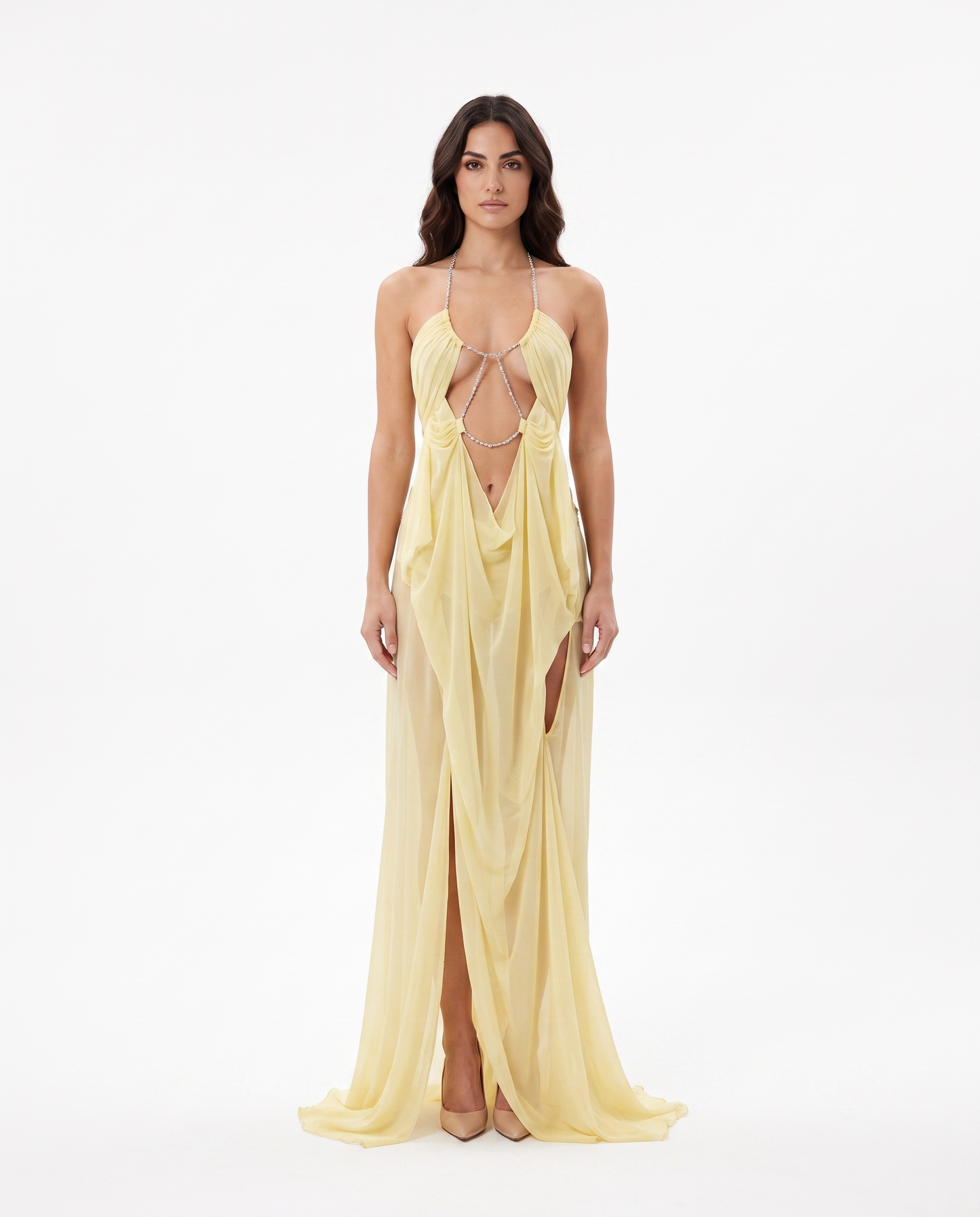 Abito lungo in tulle scollo profondo Dafne