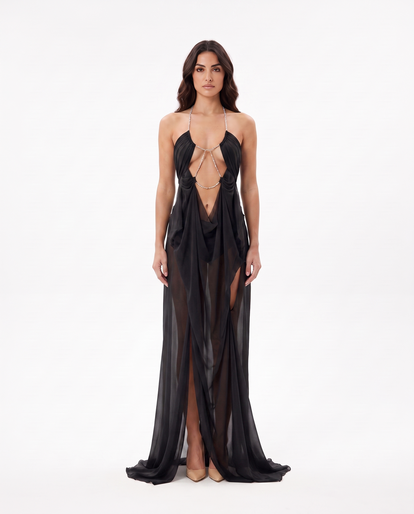 Abito lungo in tulle scollo profondo Dafne