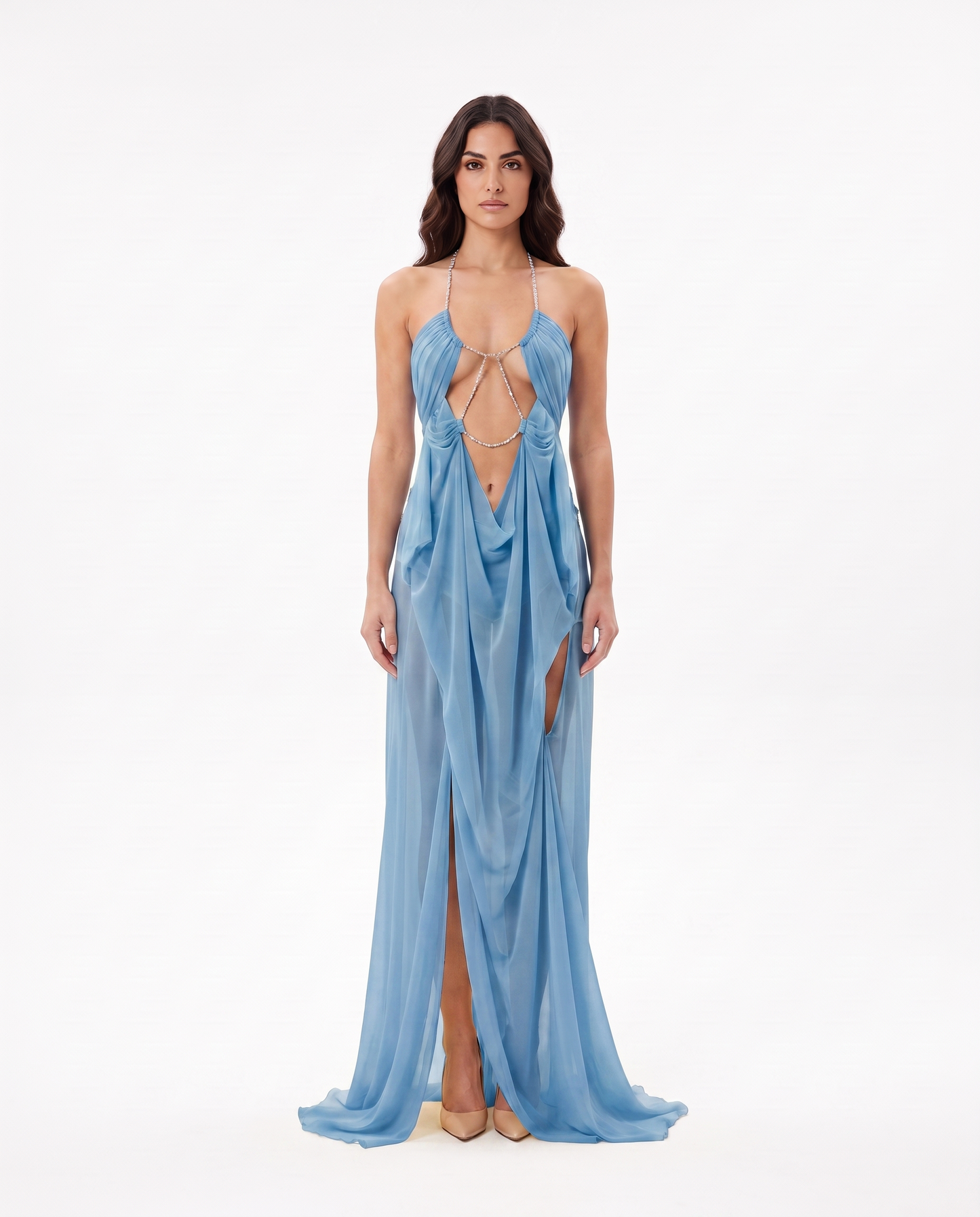 Abito lungo in tulle scollo profondo Dafne